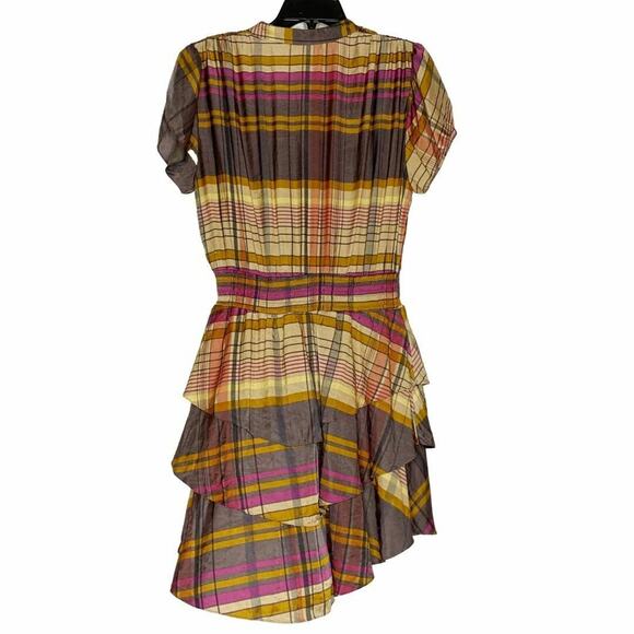 Vertigo Brown Tan Striped Dress Layered Skirt Ruffles Split Sleeves Large - Picture 6 of 7